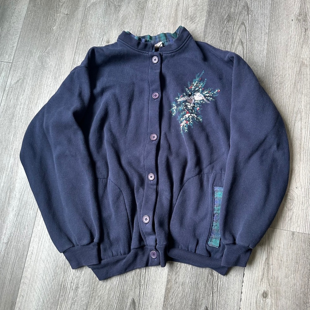 Vintage 90s Navy Cardigan Sweater XL Embroidered Birds Plaid Lining USA Made